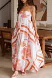 Elegant Floral Print Contrast Square Neck Sling Dresses