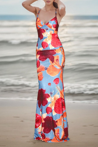 Elegant Floral Print Backless Contrast V Neck Long Dresses