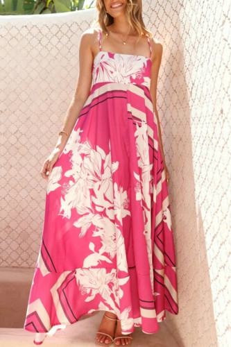 Vacation Floral Print Patchwork Contrast Square Neck Sling Dresses