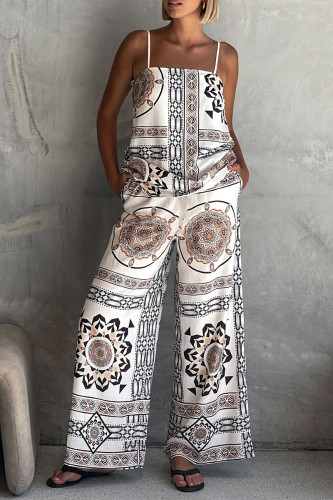 Casual Geometric Print Pocket Contrast Square Neck Sleeveless Two Pieces