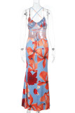 Elegant Floral Print Backless Contrast V Neck Long Dresses