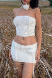 Sexy Solid Color Ruched Flowers Strapless Sleeveless Two Pieces