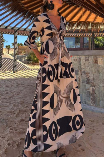 Casual Geometric Print Pocket Contrast V Neck Printed Dresses