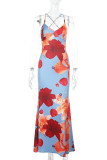 Elegant Floral Print Backless Contrast V Neck Long Dresses