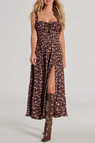 Elegant Floral Print Slit V Neck Sling Dresses