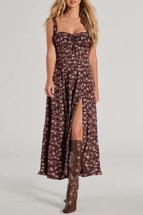Elegant Floral Print Slit V Neck Sling Dresses