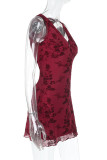 Sexy Floral Print Patchwork V Neck A Line Dresses