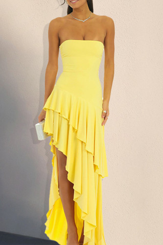 Sexy Solid Color Patchwork Flounce Strapless Irregular Dresses