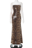 Sexy Leopard Sequins Slit Strapless Long Dresses