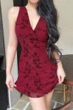Sexy Floral Print Patchwork V Neck A Line Dresses