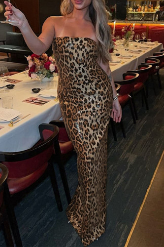 Sexy Leopard Sequins Slit Strapless Long Dresses