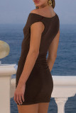 Sexy Solid Color Metal Accessories Trim Irregular Sloping Shoulder Wrapped Skirt Dresses