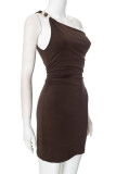 Sexy Solid Color Metal Accessories Trim Irregular Sloping Shoulder Wrapped Skirt Dresses