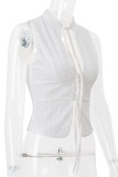 Casual Solid Color Lace Up Buttons O Neck Tops