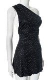 Casual Polka Dot Patchwork Backless Sloping Shoulder A Line Dresses