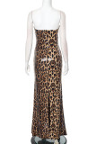Sexy Leopard Sequins Slit Strapless Long Dresses