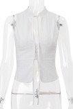 Casual Solid Color Lace Up Buttons O Neck Tops