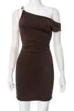 Sexy Solid Color Metal Accessories Trim Irregular Sloping Shoulder Wrapped Skirt Dresses