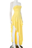 Sexy Solid Color Patchwork Flounce Strapless Irregular Dresses
