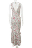Sexy Floral Print Lace Up Flounce V Neck Long Dresses