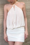 Sexy Solid Color Mesh Halter Wrapped Skirt Dresses