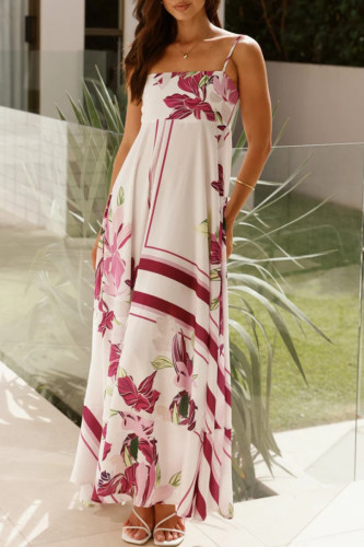 Elegant Floral Print Contrast Square Neck Sling Dresses