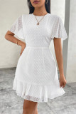 Elegant Solid Color Flounce O Neck A Line Short Sleeve Dress