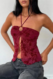 Sexy Solid Color Lace Up Mesh flocking Halter Tops