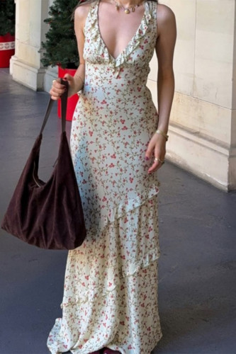 Sexy Floral Print Lace Up Flounce V Neck Long Dresses