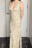 Sexy Floral Print Lace Up Flounce V Neck Long Dresses