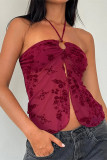 Sexy Solid Color Lace Up Mesh flocking Halter Tops