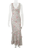 Sexy Floral Print Lace Up Flounce V Neck Long Dresses
