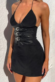 Sexy Solid Color Lace Up Adjustable Halter Sleeveless Dresses