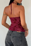 Sexy Solid Color Lace Up Mesh flocking Halter Tops