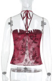 Sexy Solid Color Lace Up Mesh flocking Halter Tops