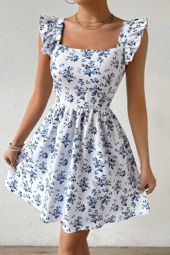 Elegant Floral Print Ruffle Square Neck A Line Dresses