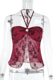 Sexy Solid Color Lace Up Mesh flocking Halter Tops