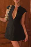 Sexy Solid Color Patchwork V Neck Waist Skirt Dresses