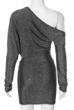 Sexy Solid Color Sequined Irregular Oblique Collar Wrapped Skirt Dresses