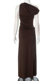Vacation Solid Color Irregular Pleated Oblique Collar Long Dresses