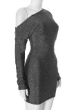 Sexy Solid Color Sequined Irregular Oblique Collar Wrapped Skirt Dresses