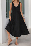 Casual Solid Color Pocket Buttons U Neck Sleeveless Dresses