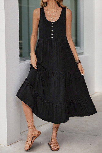 Casual Solid Color Pocket Buttons U Neck Sleeveless Dresses