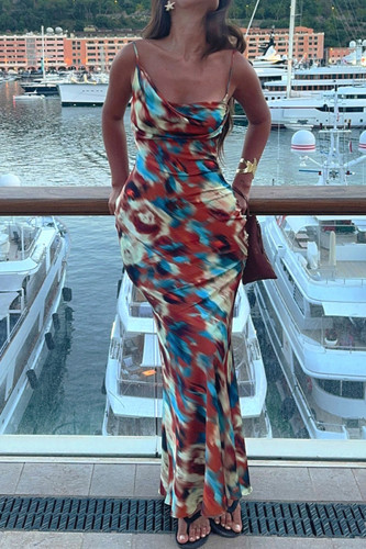 Sexy Irregular Printed Contrast U Neck Long Dresses