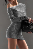 Sexy Solid Color Sequined Irregular Oblique Collar Wrapped Skirt Dresses