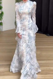 Elegant Floral Print Flounce Half A Turtleneck Long Dresses