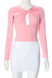 Sexy Solid Color Hollow Out Contrast O Neck Wrapped Skirt Dresses