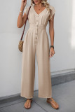 Casual Solid Color Buckle V Neck Loose Jumpsuits