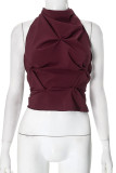 Sexy Solid Color Lace Up Backless Ruched Halter Tops