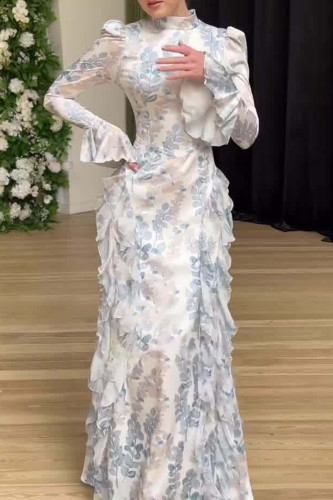 Elegant Floral Print Flounce Half A Turtleneck Long Dresses